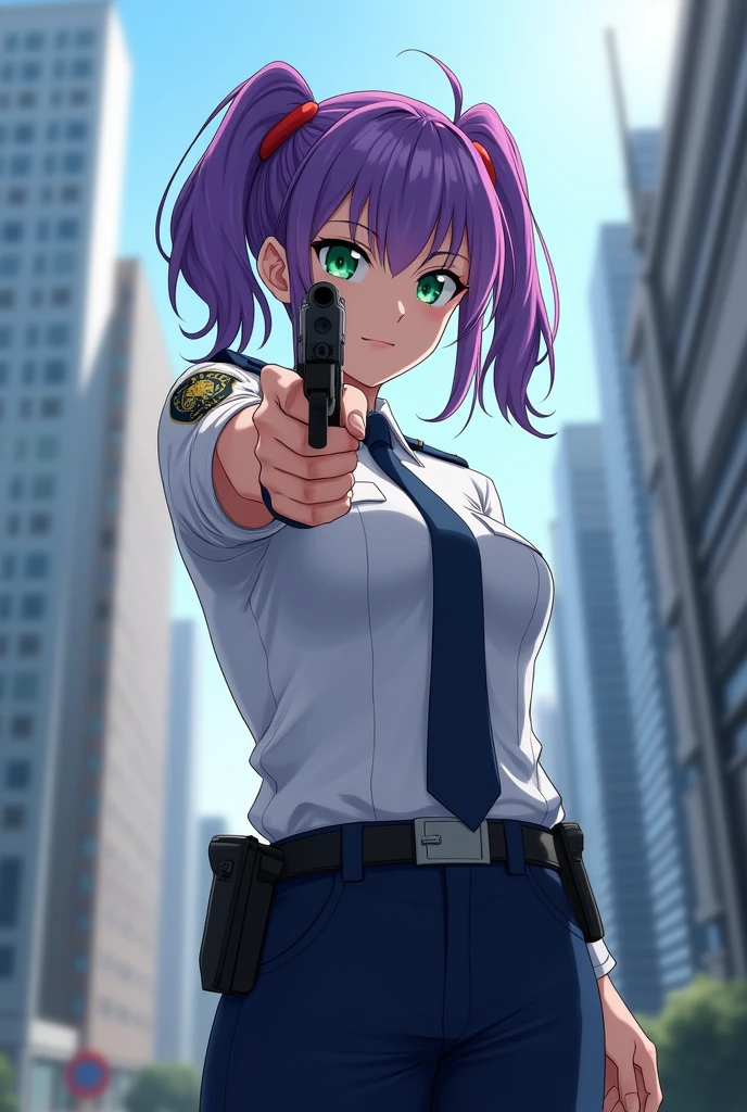 ((masterpiece)), ((best quality)), ((highres)), 1girl, solo, police officer, (matching pants, slacks), city backdrop, (holding and aiming pistol, detailed pistol, glock 22, trigger discipline), standing, medium hair, (purple hair, twintails), (green eyes),