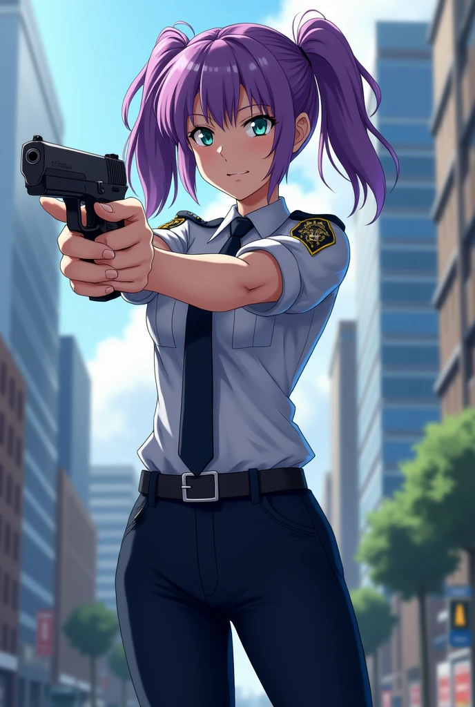 ((masterpiece)), ((best quality)), ((highres)), 1girl, solo, police officer, (matching pants, slacks), city backdrop, (holding and aiming pistol, detailed pistol, glock 22, trigger discipline), standing, medium hair, (purple hair, twintails), (green eyes),