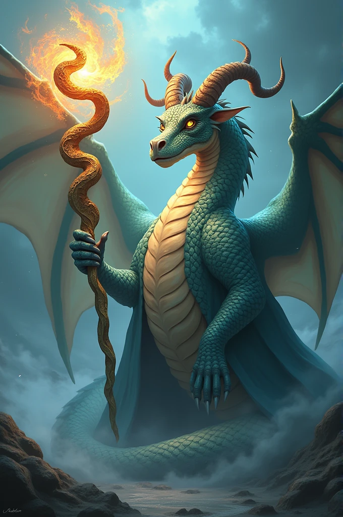 Generates an image of a doctor dragon with a snake staff 