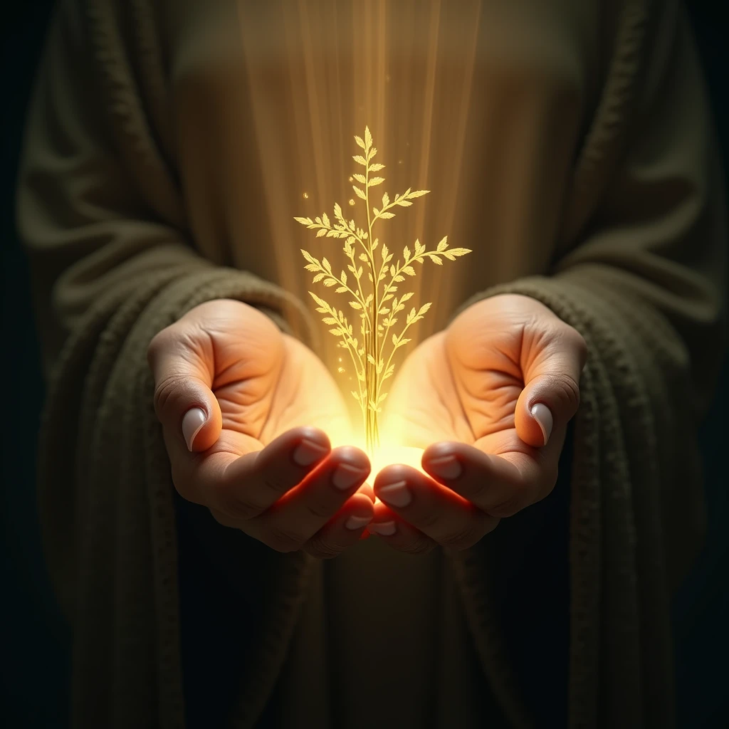 A pair of ultra realistic hands open in a gesture of blessing, with a bundle of herbs with beams of golden lights in all directions. The hands have a soft aura around them to represent spiritual energy, convey depth and lights coming out of the hands