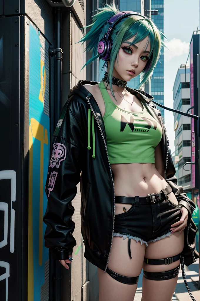 Anime girl with green hair and headphones standing in front of a graffiti wall, Cyberpunk Art Inspired by Harumi Hironaka, Trending on pixiv, Street art, Cyberpunk Anime Girl, Anime girl with blue hair, anime feelings, Cyberpunk Anime Art, Cyberpunk Digital Art - Anime, Modern Anime Style, Cyberpunk Anime Art, Anime style artwork, female Cyberpunk Anime Girl, Cyberpunk Street Wear