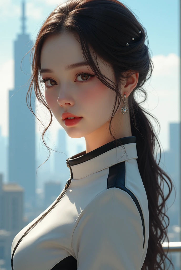 (1girl:1.3), solo, __body parts__ delicate and realistic skin, pale skin, big, official art, unified 16k wallpaper, ultra detail, beauty and aesthetics, beauty, masterpiece, best quality, in cyberpunk city, fantastic atmosphere, calm color palette, peaceful mood, soft shadows, flight attendant uniform, glamour