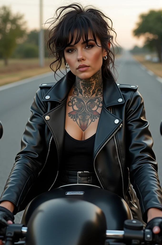 A woman with a tattoo on her neck , leather jacket and tank top on top of a black motorcycle, and has mullef hair