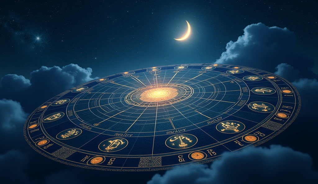 Imagine a starry night sky with a large celestial calendar. Each day of the calendar is marked with mystical symbols and numbers, representing the events and predictions we discussed. The calendar is illuminated by a soft light, emitted by a crescent moon shining in the background. The stars around the calendar are visible, reflecting the energy and mysteries of the days mentioned. Each date has symbols representing recommended actions and what to avoid., creating a visual connection to the spirituality and predictions discussed.