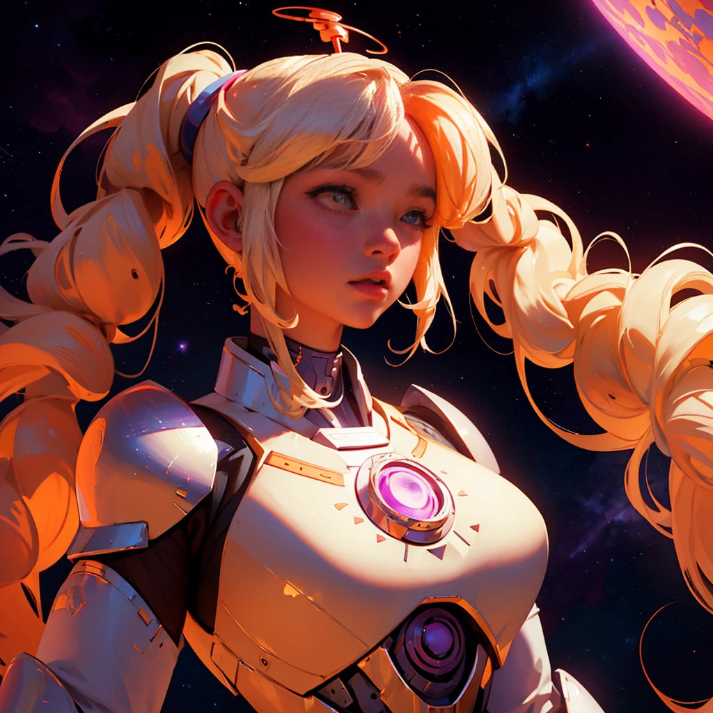 envision a 8k, highres, cinematic, close up beautiful portrait of an Big tall girl named Sana Tsukumo with long blonde hair in pigtails, tan skin, hair ornaments, orange eyes, wearing a white dress and superhero cosmic armor and a Galactus helmet against a space background with stars