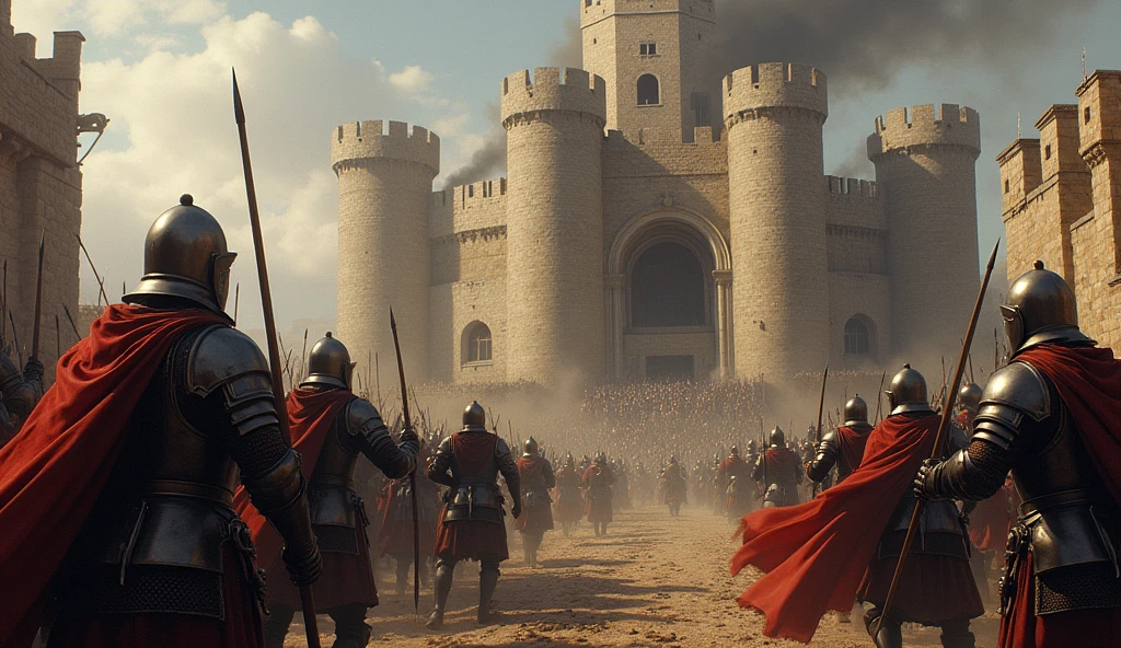 A medieval siege scene featuring a castle under attack, with catapults hurling projectiles, archers firing arrows from both sides, and fortified walls being defended by soldiers. The image conveys the intensity and strategic elements of the siege, with ladders against the walls, smoke rising, and the determination of the defenders. The style is inspired by Edmund Blair Leighton, with meticulous attention to detail, realistic armor, and a dramatic, historical atmosphere., Surrealism, Hyperrealism, UHD, retina, masterpiece, accurate, anatomically correct, textured skin, super detail, high quality, 16k