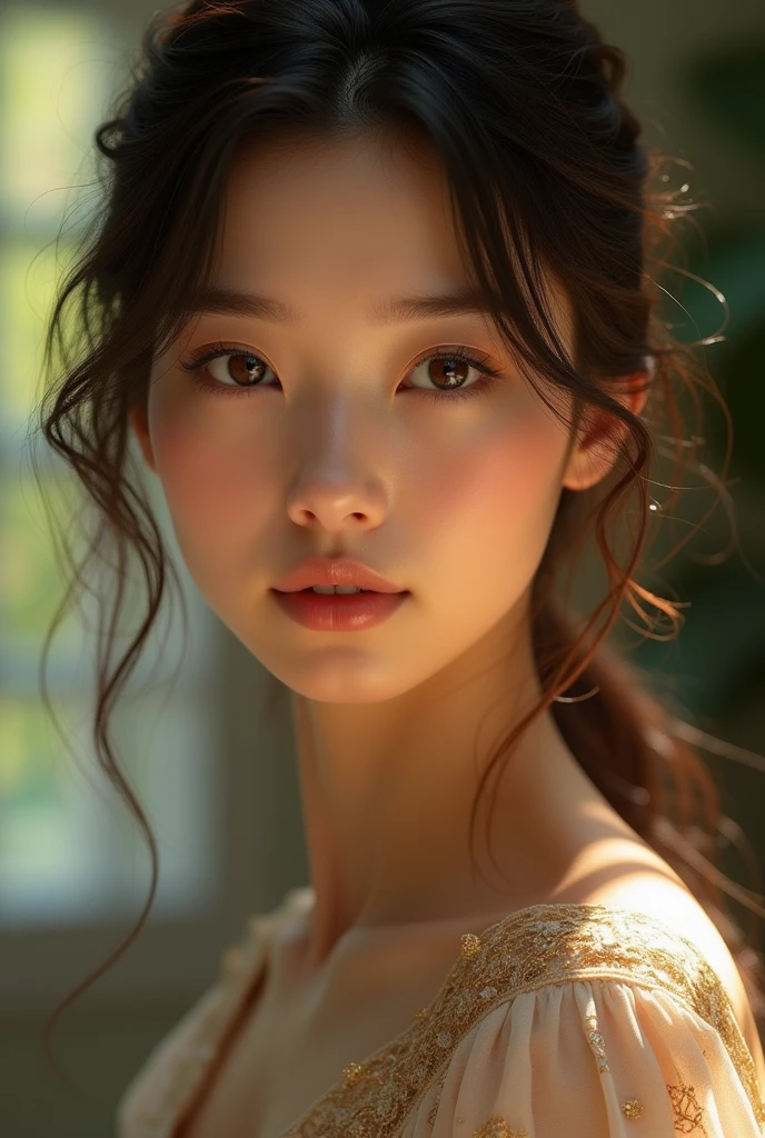 a beautiful young woman, upper body, detailed eyes, highly detailed, best quality, masterpiece, 1girl, delicate facial features, elegant pose, natural lighting, warm color tones, detailed clothing, intricate patterns, cinematic composition, photorealistic, (realistic:1.4), (photorealistic:1.4), (best quality:1.4), (8k:1.2), (high resolution:1.2), (detailed description:1.2), (intricate details:1.2), (cinematic lighting:1.2),