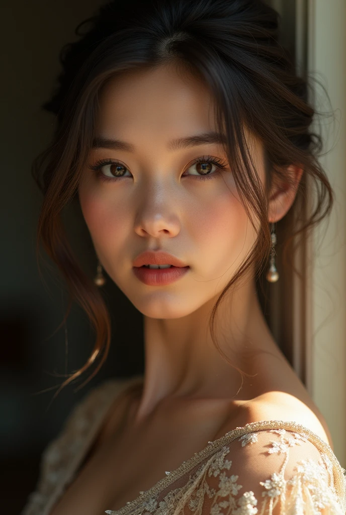 a beautiful young woman, upper body, detailed eyes, highly detailed, best quality, masterpiece, 1girl, delicate facial features, elegant pose, natural lighting, warm color tones, detailed clothing, intricate patterns, cinematic composition, photorealistic, (realistic:1.4), (photorealistic:1.4), (best quality:1.4), (8k:1.2), (high resolution:1.2), (detailed description:1.2), (intricate details:1.2), (cinematic lighting:1.2),