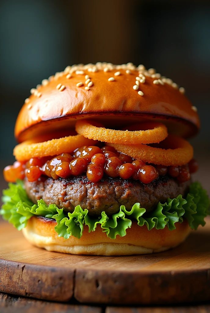 Create a burger that has crispy onions, lettuce and crispy sauce