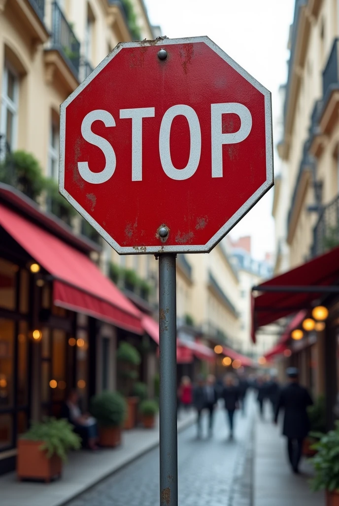 A stop sign, which is in Paris
