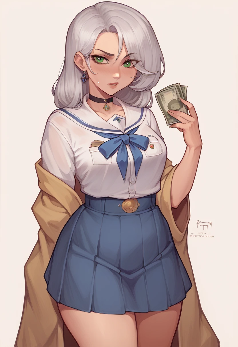 "A mysterious teenage girl with long, flowing silver hair ,green eyes, wearing a traditional Japanese school uniform with a navy-blue skirt and white blouse. She is standing and looking at the camera with a slight smirk. She has a black choker and wears the uniform slightly differently, with the top button of her blouse undone, giving her a rebellious yet elegant aura." visual novel character, wearing dollar icons on her outfit, showing luxury outfit, cash on her pockets, money on her tshirt
