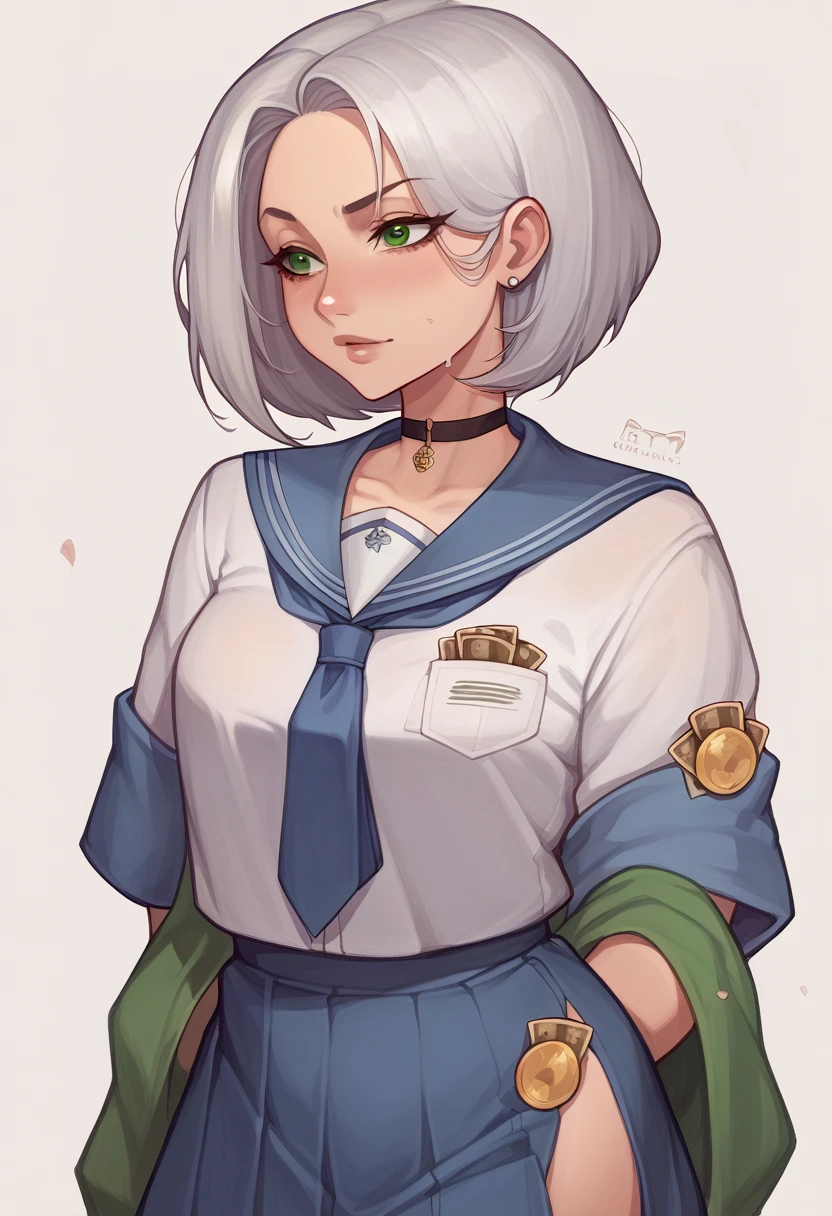 "A mysterious teenage girl with long, flowing silver hair ,green eyes, wearing a traditional Japanese school uniform with a navy-blue skirt and white blouse. She is standing and looking at the camera with a slight smirk. She has a black choker and wears the uniform slightly differently, with the top button of her blouse undone, giving her a rebellious yet elegant aura." visual novel character, wearing dollar icons on her outfit, showing luxury outfit, cash on her pockets, money on her tshirt