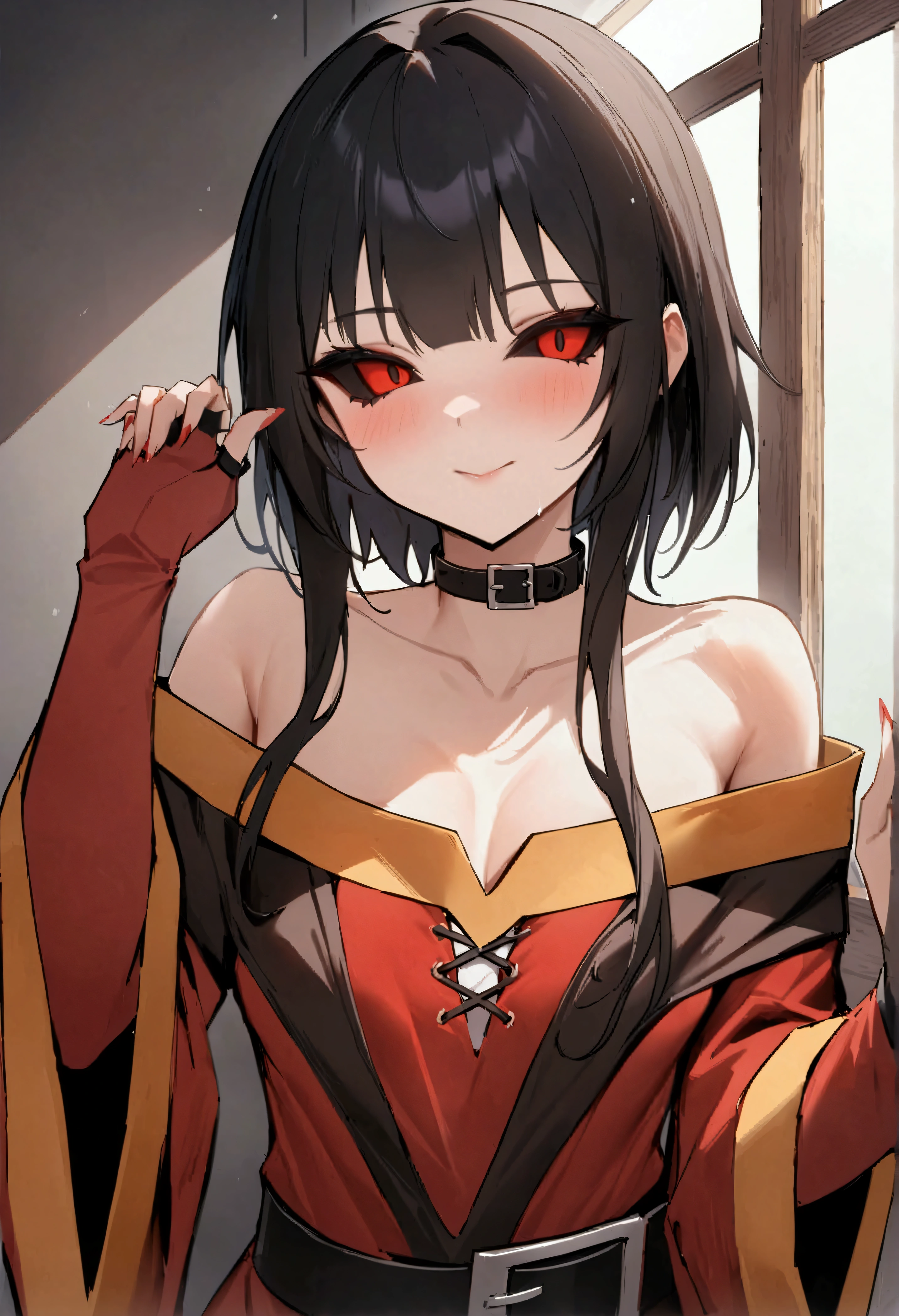 1girl, masterpiece, best quality, illustration, miracle tou, indoors, gothic castle background, upper body, black dress, hair ornament, flower, cleavage, jewelry, looking at viewer, evil girl , big evil grin, evil smile, evil face , evil eyes , vampire , fangs, vampire fangs, anime eyes, black hair, red eyes , naked breast, huge breast, big breast, big nipples, pointy nipples, pure white color skin, pale skin, white skin, big areola, white color areola, white color nipples, , nice teeth, 2 