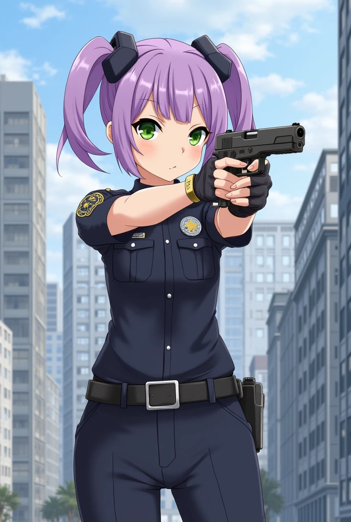 ((masterpiece)), ((best quality)), ((highres)), 1girl, solo, police officer, (matching pants, slacks), city backdrop, (holding and aiming pistol, detailed pistol, glock 22, trigger discipline), standing, medium hair, (purple hair, twintails), (green eyes),