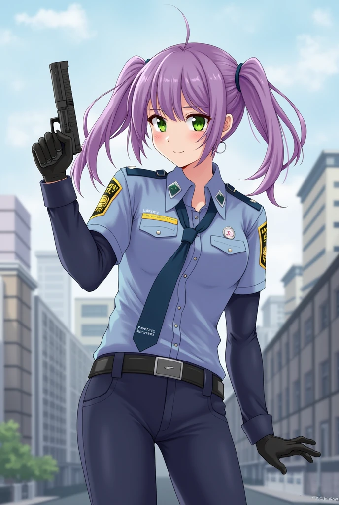 ((masterpiece)), ((best quality)), ((highres)), 1girl, solo, police officer, (matching pants, slacks), city backdrop, (holding and aiming pistol, detailed pistol, glock 22, trigger discipline), standing, medium hair, (purple hair, twintails), (green eyes),