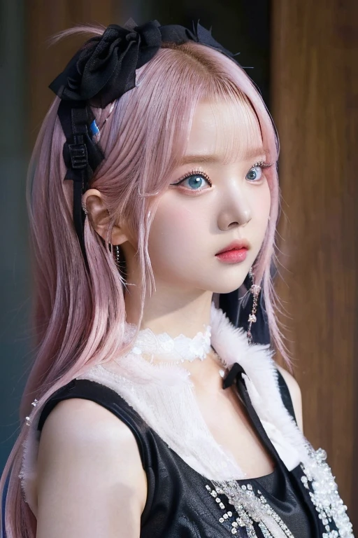 a close up of a pink haired woman in a black and white dress and blue eyes, lalisa manobal, Lalisa Manoban of Blackpink, jossi de blackpink, portrait of jossi de blackpink, roseanne park by blackpink, beautiful dolphin, the hime cut, Pink hair and cyan eyes., shikami, ulzzang
