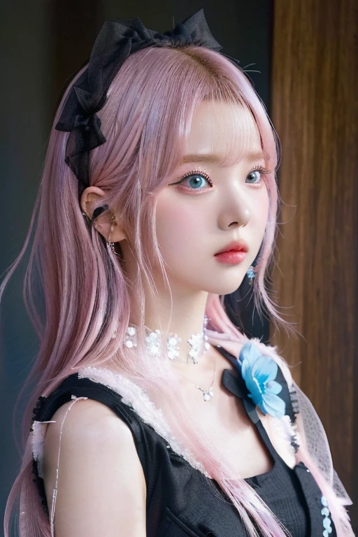 a close up of a pink haired woman in a black and white dress and blue eyes, lalisa manobal, Lalisa Manoban of Blackpink, jossi de blackpink, portrait of jossi de blackpink, roseanne park by blackpink, beautiful dolphin, the hime cut, Pink hair and cyan eyes., shikami, ulzzang