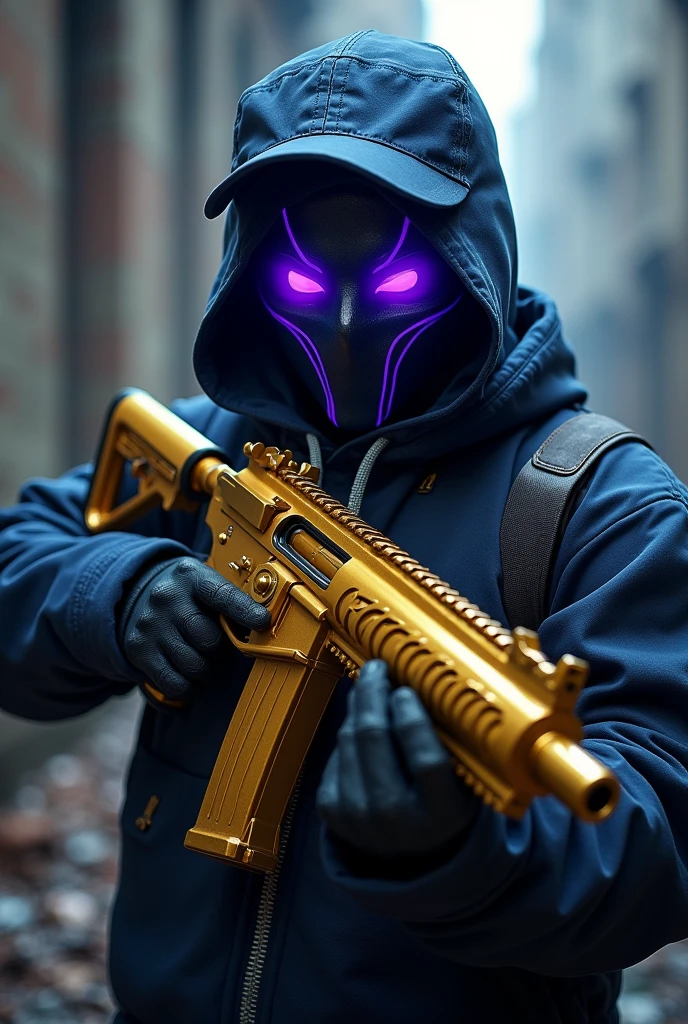 I want my character with a golden hawk shaped ump and flaming purple eyes a dark blue mask with blue stripes and a dark blue hat backwards