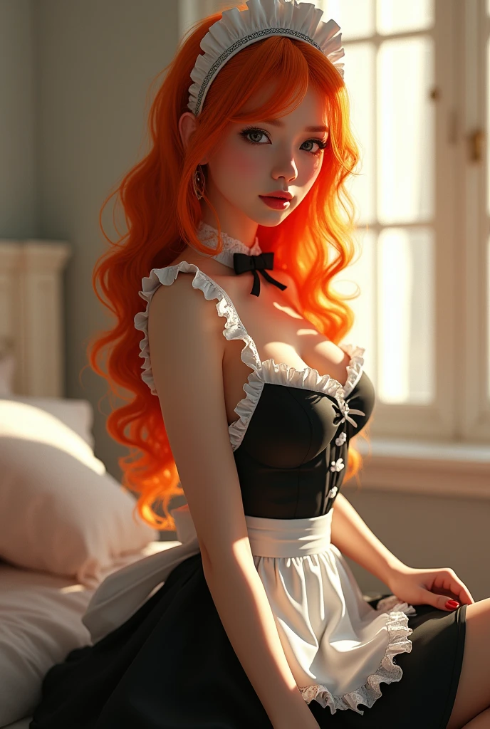 (best quality,4k,8k,highres,masterpiece:1.2),ultra-detailed,(realistic,photorealistic,photo-realistic:1.37),sexy girl in maid outfit, orange hair,beautiful detailed eyes,beautiful detailed lips,extremely detailed eyes and face,longeyelashes,floral headband,alluring expression,smooth porcelain skin,seductive pose,playful glint in her eyes,tidy uniform,fitted black dress with white apron,black bowtie,delicate lace details, bright orange wavy hair cascading down her back,voluminous skirt, luxury satin fabric, vibrant orange color with subtle shading,enticing high heels,maid accessories,feather duster,polishing cloth,sparkling clean environment,soft natural light,romantic atmosphere,portrait style,professional artwork, (lace black stockings), Nsfw, topless, nude