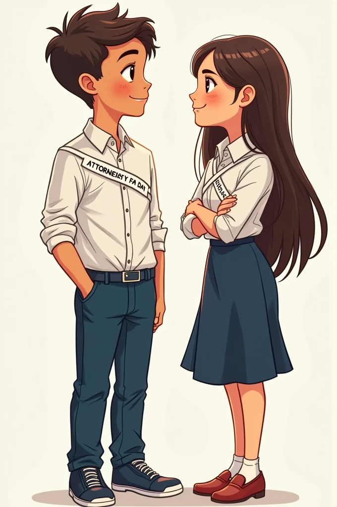 16:47:18 A student boy in navy blue pants and a white button-down shirt, a crossed band that says attorney for a day in Spanish, and a girl in a navy blue skirt and white button-down shirt with a cross-over band that says Deputy Attorney I, happy in cartoon style drawing form