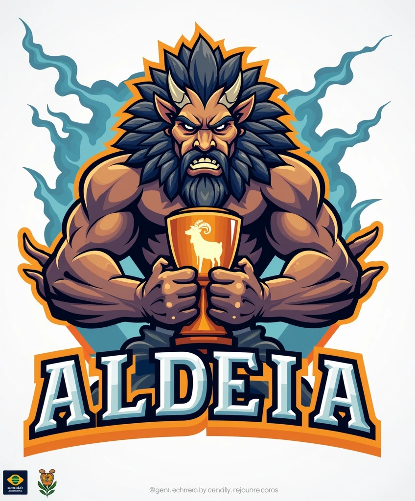  create a sports logo with the name &#39;&#39;ALDEIA&#39;&#39; with a mascot God of thunder Tupã holding a trophy with goat written inside