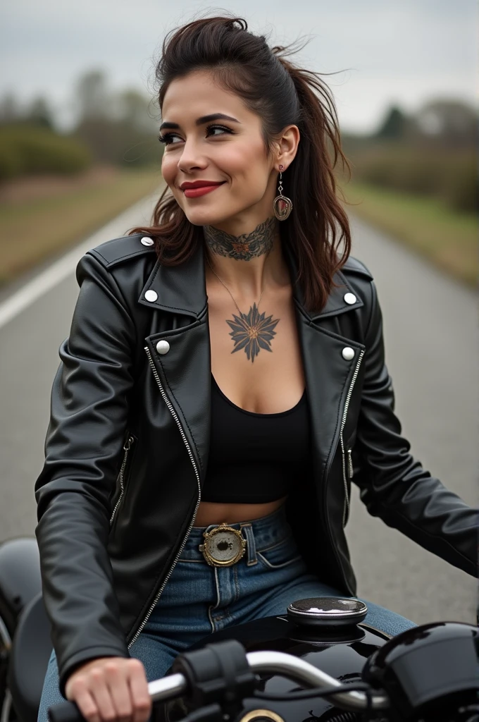 A woman with a tattoo on her neck , leather jacket and tank top on top of a black motorcycle, and has mullet hair , with a closed smile , with a man's face