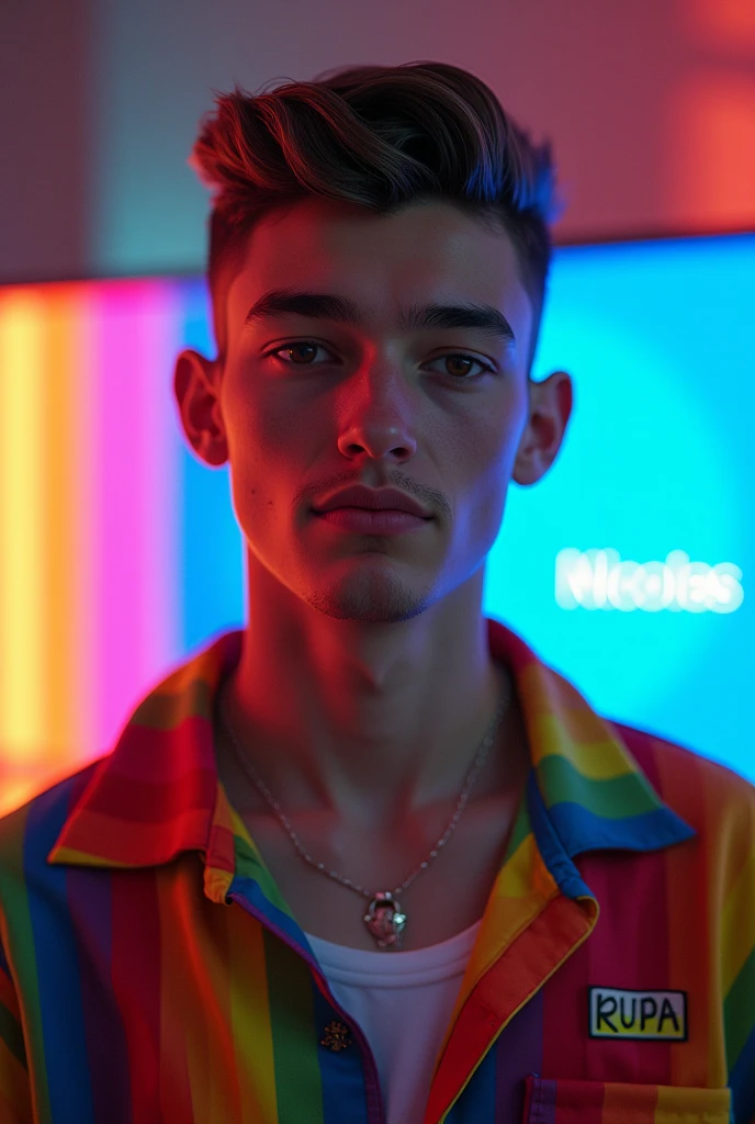  gay guy named nicolas he has gelled hair back and a giant tv is showing his name,he wears an outfit with the colors of the lgbt flag,He has 15 years