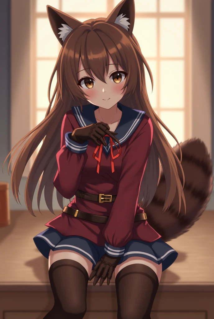 a raph, raccoon ears, raccoon girl, animal ears, long hair, brown hair, raccoon tail, tail, gloves, brown gloves, belt, thigh boots, thighhighs, zettai ryouiki, red ribbon, masterpiece, best quality, solo, cinematic lighting, looking at viewer, full body