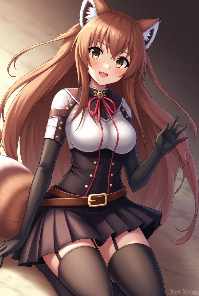 a raph, raccoon ears, raccoon girl, animal ears, long hair, brown hair, raccoon tail, tail, gloves, brown gloves, belt, thigh boots, thighhighs,  zettai ryouiki, red ribbon, masterpiece, best quality, solo, cinematic lighting, looking at viewer, full body