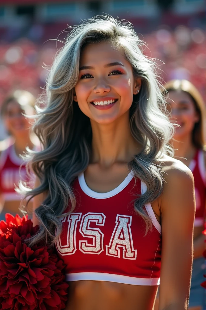 In the image, we encounter an enchanting scene featuring a charismatic gray haired female cheerleader, a vivacious sexy still youthful looking 50-year-old of Chinese-American heritage. Her long, beautifully completely gray curly hair cascades gracefully, gracefully illustrating her confident spirit. As she passionately encourages her team, her energy radiates, infusing the atmosphere with an electric buzz. Alongside her, male football players intensify the background with their determined presence. This vibrant photograph captures the captivating essence of a spirited cheerleader, exuding both wisdom and allure in equal measure. The impeccable image quality allows every meticulous detail to shine, bringing this remarkable moment to life in vivid color and sharp clarity.