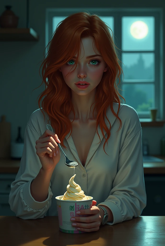 1 Woman with copper hair and deep emerald green mermaid eyes, in pajamas sitting at the kitchen island eating a tub of ice cream in the middle of the night and only the moonlight gives little illumination. realist