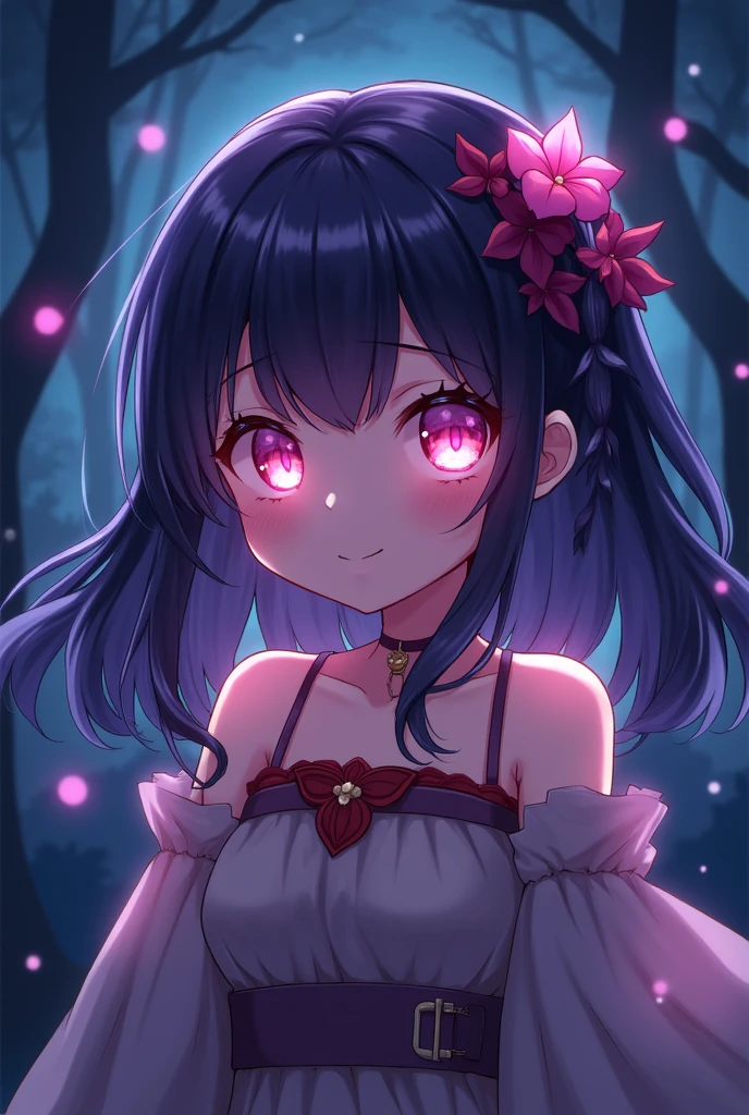 Masterpiece, best quality, super high resolution, fluorescent color,, 1 girl, looking at the audience, beautiful face, beautiful eyes, (off-the-shoulder: 1.2), head up, upper body, forest, shiny hair, shiny skin, glowing cut, chibi, finger proportions coordination