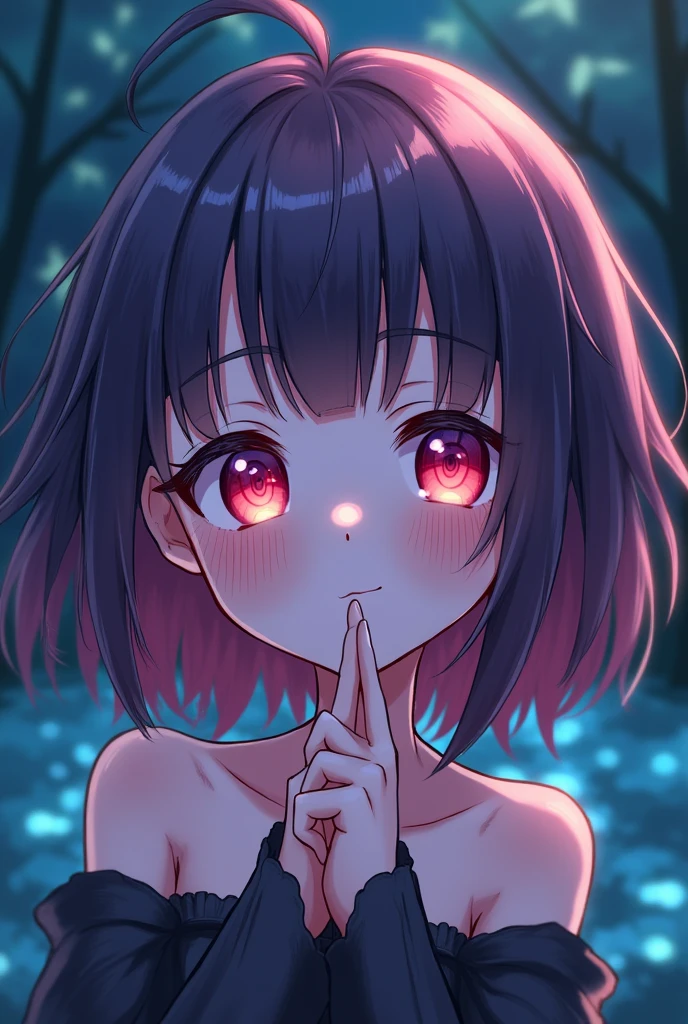 Masterpiece, best quality, super high resolution, fluorescent color,, 1 girl, looking at the audience, beautiful face, beautiful eyes, (off-the-shoulder: 1.2), head up, upper body, forest, shiny hair, shiny skin, glowing cut, chibi, finger proportions coordination