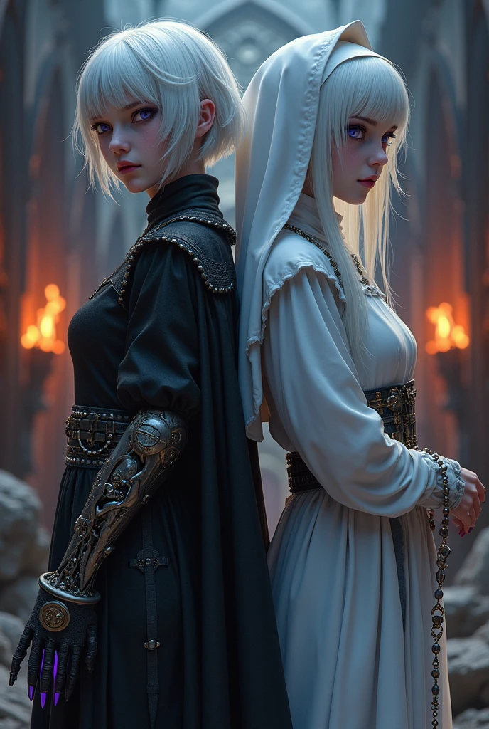 Two albino girls from the Middle Ages standing back to back with violet eyes and white hair, with the one on the left with short hair in dark alchemist clothes and with a steampunk prosthesis with the baphomet symbol on her left hand, and the one on the right in white nun&#39;s clothes holding a rosary,, with a burning church behind, the night.