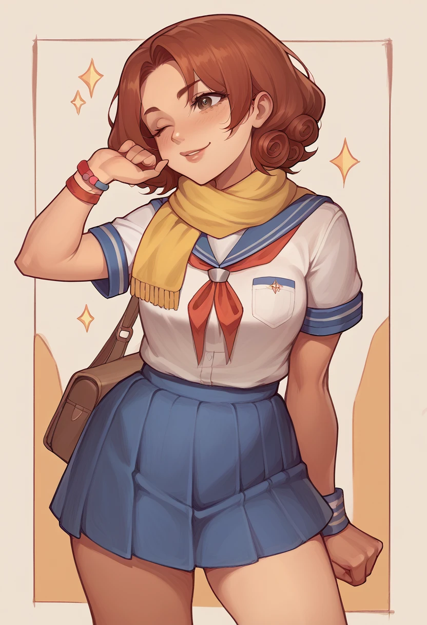"A confident age girl with curly, shoulder-length auburn hair and hazel eyes, wearing a traditional Japanese school uniform with a navy-blue skirt and white blouse. She is standing and looking at the camera with a playful wink. She has a yellow scarf tied loosely around her neck and wears colorful bracelets on one wrist, giving her a vibrant and lively personality." visual novel character