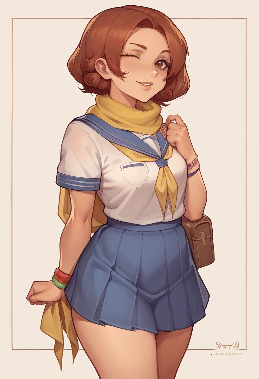 "A confident age girl with curly, shoulder-length auburn hair and hazel eyes, wearing a traditional Japanese school uniform with a navy-blue skirt and white blouse. She is standing and looking at the camera with a playful wink. She has a yellow scarf tied loosely around her neck and wears colorful bracelets on one wrist, giving her a vibrant and lively personality." visual novel character
