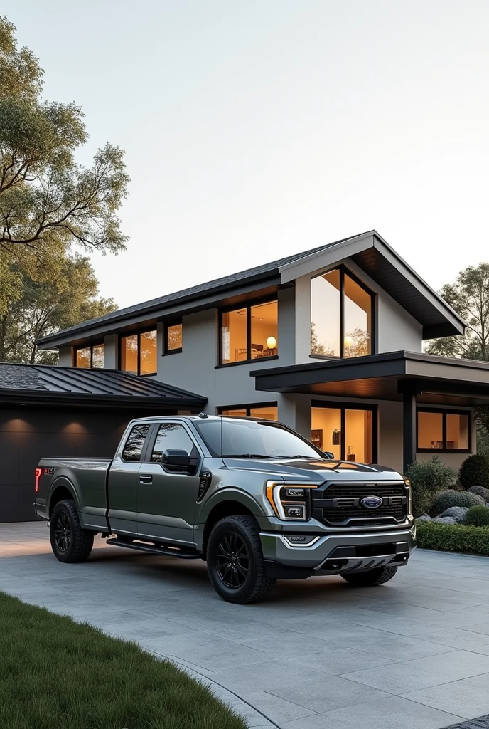 Modern ranch house with modern pickup truck