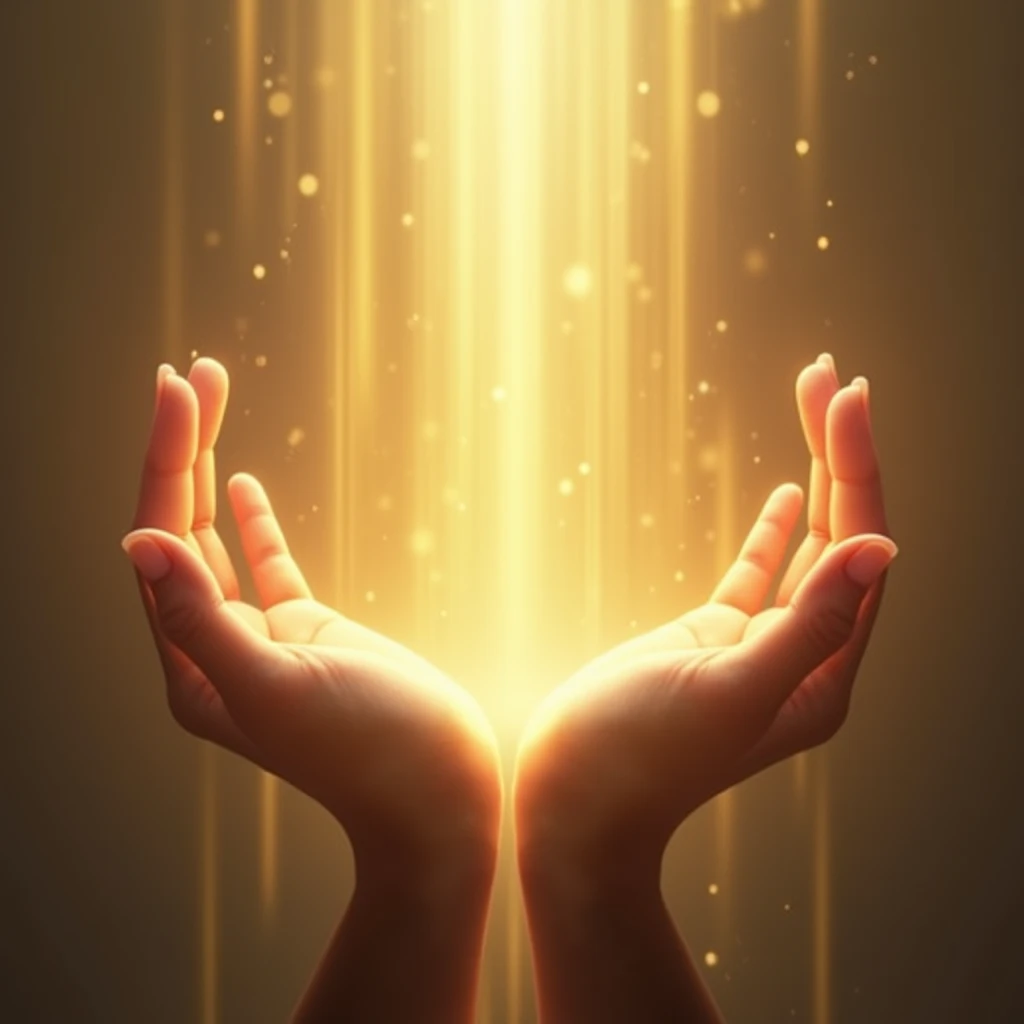 A pair of ultra realistic hands open in a gesture of blessing, with beams of golden lights in all directions. The hands have a soft aura around them to represent spiritual energy, convey depth and lights coming out of the hands