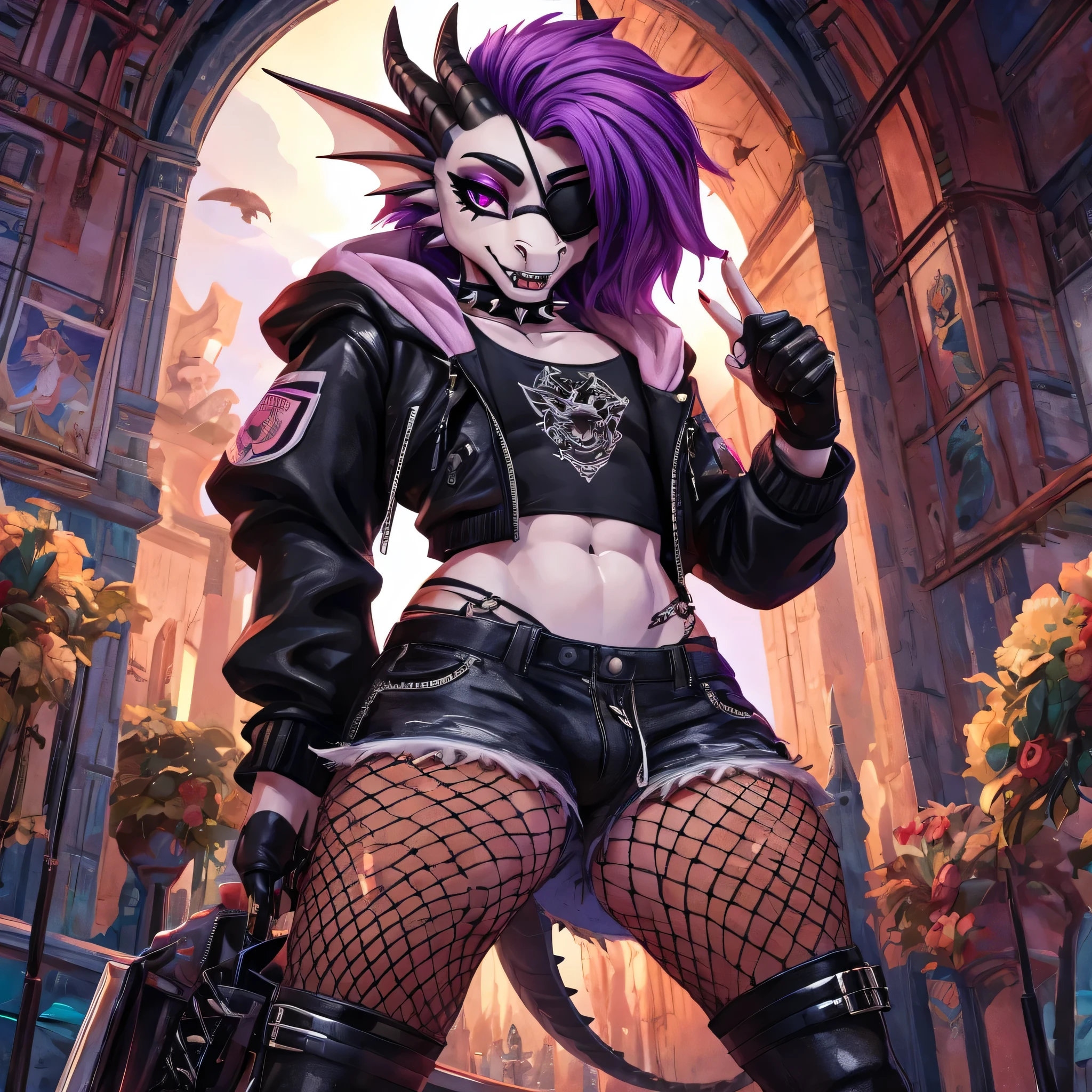 Anthro femboy black dragon with black scalies. long purple hair with shaved temple. 6.3 ft tall. slim body with thick and round ass, wide hips. My two knot dragon cocks 12 inches in length and 5 inches in girth and with. My balls melon-sized. Nipple spiked piercings, nose ring piercing. I Wearing crop top hoodie with open short leather punk jacket, fishnets stockings and fishnets opera gloves, spiked choker, tight black jeans shorts and army boots. My right eye is covered by eyepatch leather strap