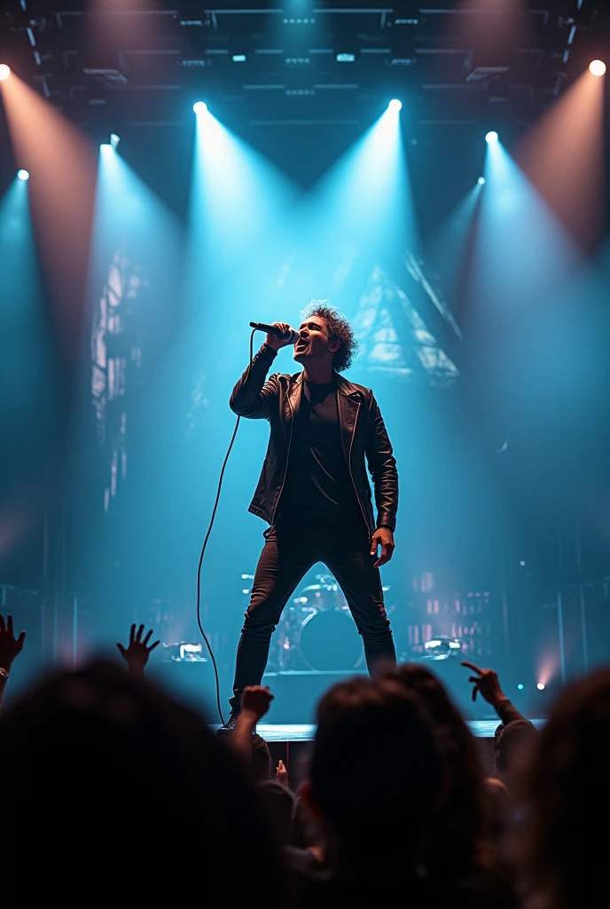 a rock singer on stage singing,1man,highly detailed,dramatic lighting,concert stage,rock music,intense performance,photorealistic,cinematic,wide angle,sharp focus,ultra-realistic,4k,8k,extremely detailed,best quality,masterpiece,vibrant colors,dramatic shadows,volumetric lighting