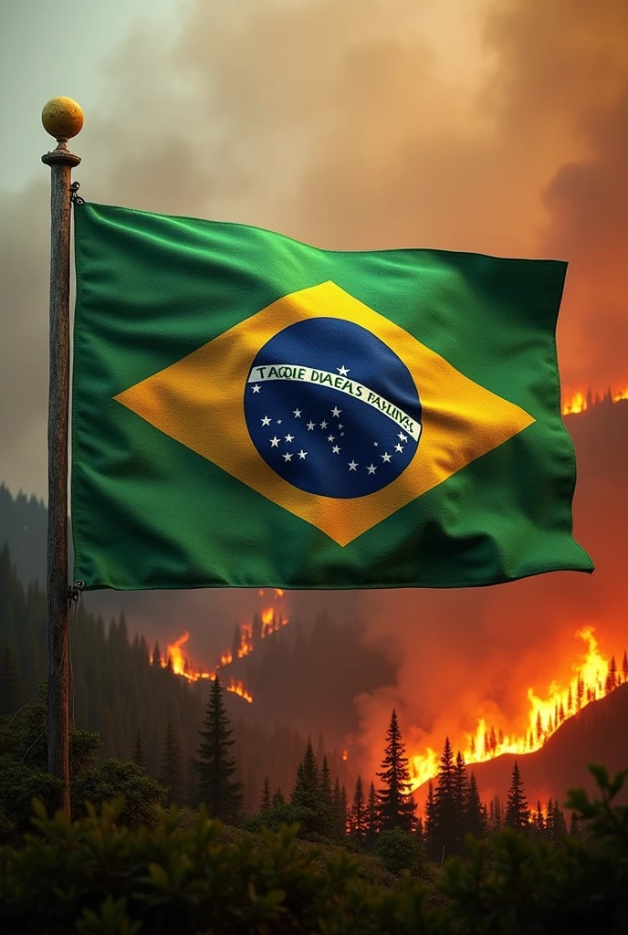 Create an image with the Brazilian flag and the forest on fire, 3D image to show the country's fires, on the white strip put TV ÁGUAS LINDAS