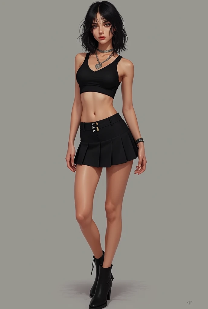 skinny white girl with black hair in a crop top shirt and a mini skirt full body.