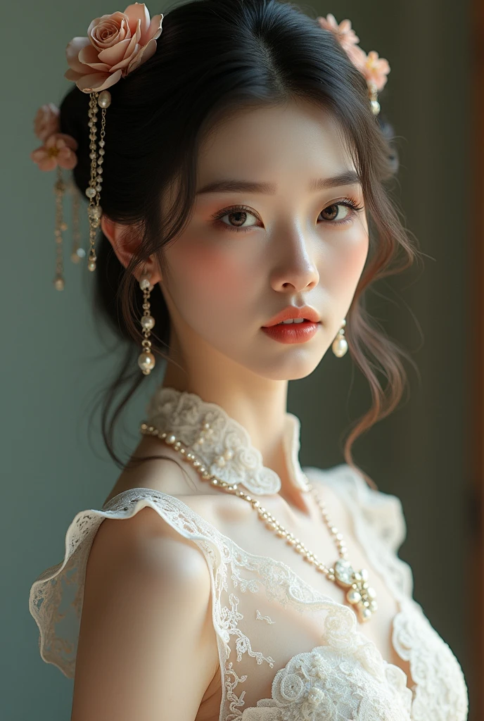 Best Quality, Masterpiece, High Resolution, 1girl, Porcelain Dress, Hair Accessories, Necklace, Jewelry, Pretty Face, On Body, Tyndall Effect, Realistic, Shadow Studio, Rim Lighting, Dual Tone Lighting, (High Detail Skins: 1.2), 8k UHD, dslr, soft light, high quality, volume light, sneak shot, photo, high resolution, 4k, 8k, background blur,