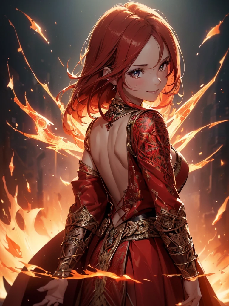 (((best quality, sharp image, clear image, cinematic lighting, 8k resolution, masterpiece, ultra detailed, intricate))) Girl, sorcerer, cute, intricate dress, smiling, fiery red, ((intricate background)), (rune frame), dimension, ((shot from behind)), fire sigils, chaotic background.