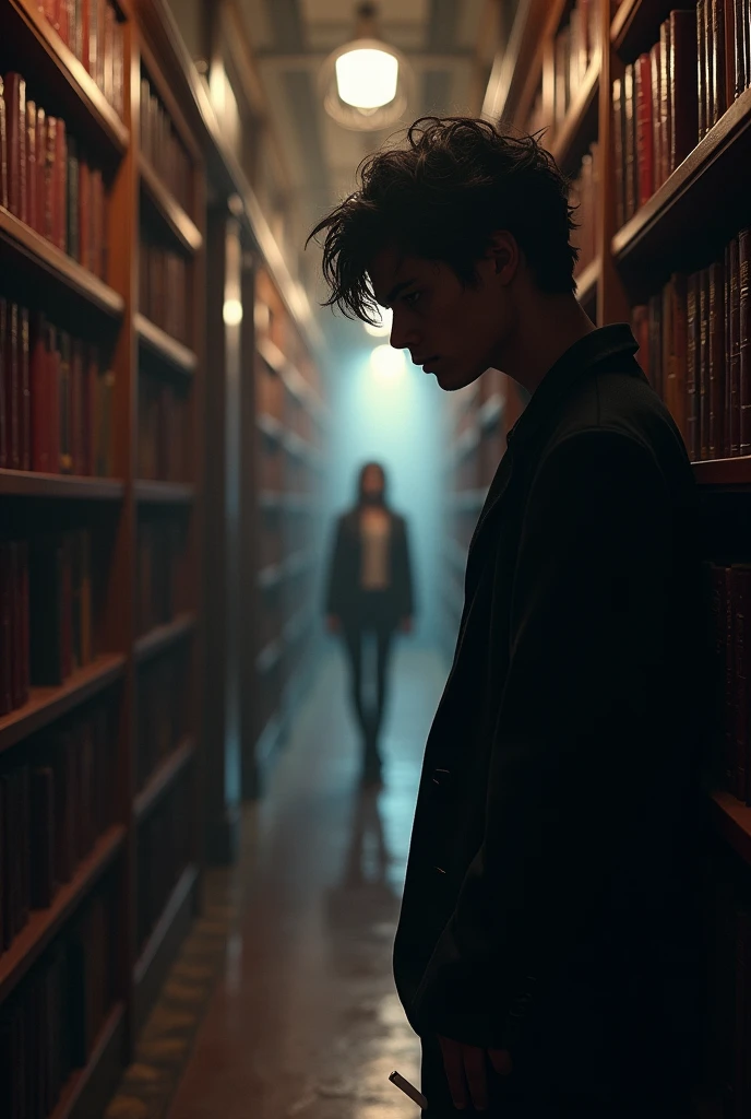 imageio: A library hallway with light. Books and furniture, An elegant environment.
• Elements: A young man with dark hair, with intense expression, leaning against a bookshelf, smoking. A young woman with loose light hair, with a short lilac skirt and white blouse, appears in the background, with a melancholic and enigmatic look.
• Cores: dark red or gold touches to highlight the details.
• Effect: Lighting