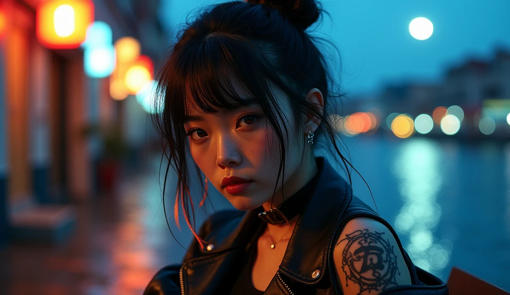 Female Asian, serious face, messy hair tied with neon tips, amber eyes, cybernetics in eyes, scar on left eye, left arm with few Black carbon cybernetics, neon leather outfit, tattoo with family symbol on forearm, lage alley background, moon reflection on Water, Pose sitting on a bench lage coast, Focus on face