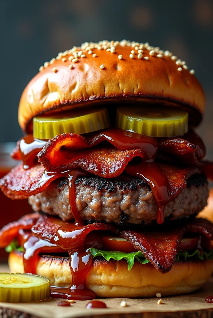 create a burger that only has a lot of smoked bacon, meat, Pickles, and sauce