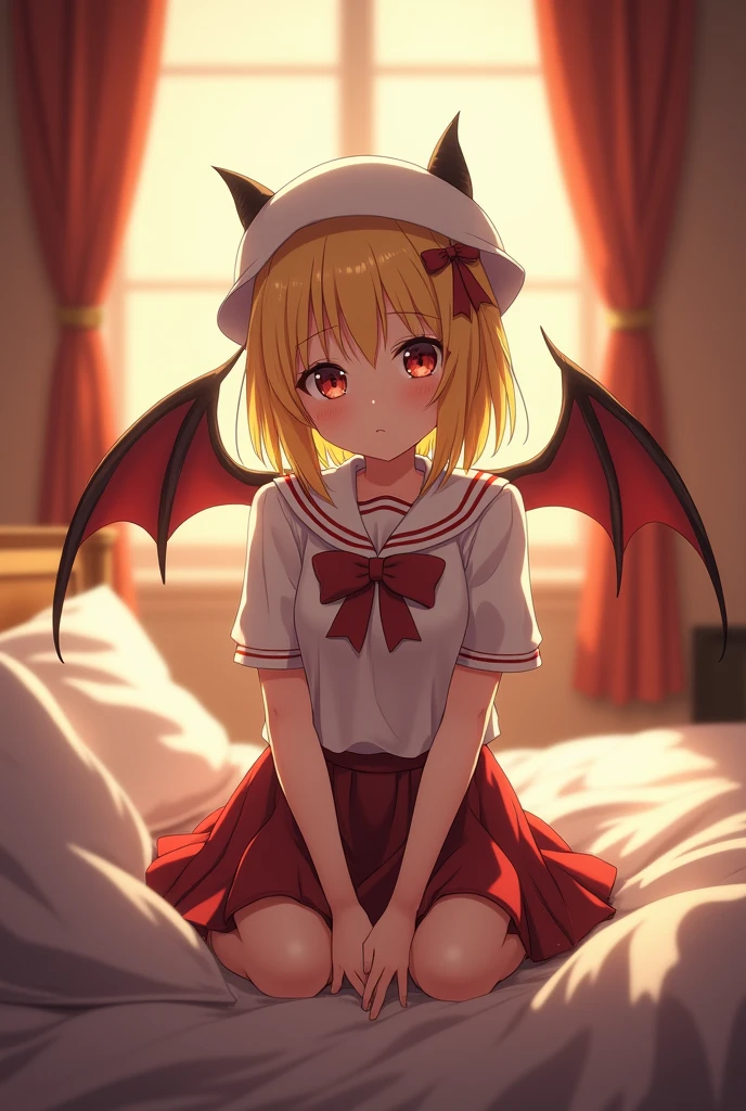 Oriental Project, Flandre Scarlet sitting on bed in JK uniform, hands crossed at waist, light yellow hair, warm lighting, blurred foreground, cute, , anime, 4k, with demon wings, shower cap, masterpiece, upper body