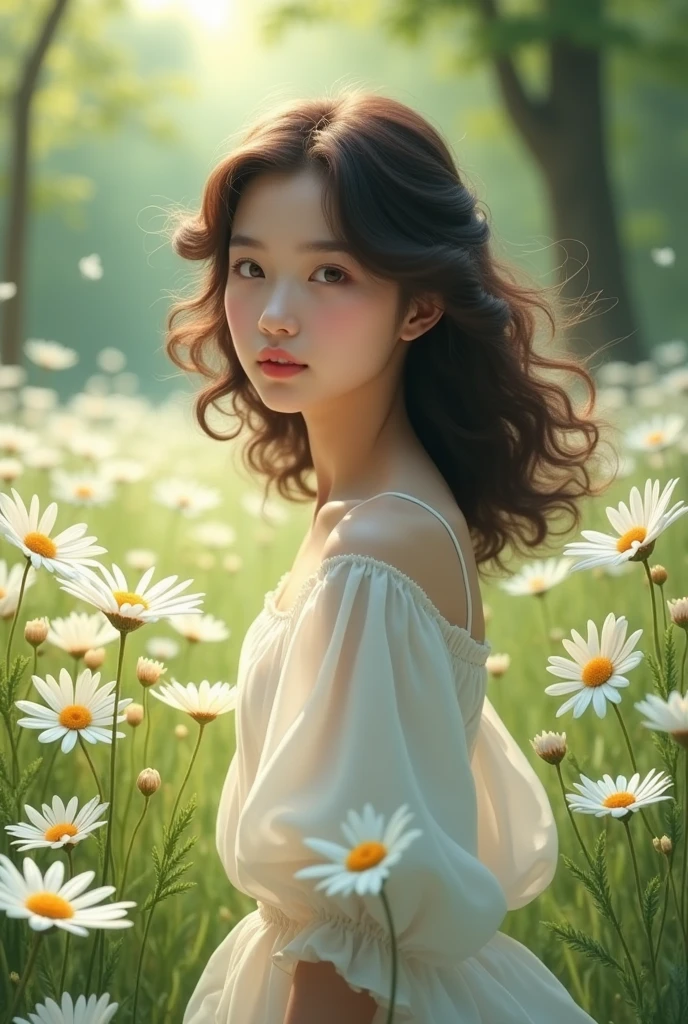 Korean curly haired girl in a daisy forest wearing a white dress

