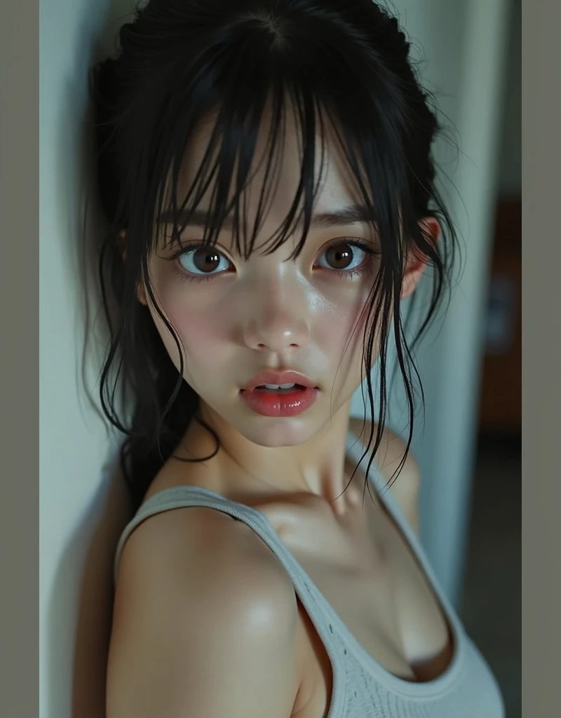 Realistic glowing skin, (発Sweat:1.8),Stand backwards,Look back at your face,Always look at the camera,(発Sweat:1.8),(Beautiful nipples in real life:1.6),,(whole body:1.9),(発Sweatしたリアルな白い肌:1.9),White socks, (Black leather shoes:1.8),
,Cold look,Cold Stare,Black Hair,short hair,Tie your hair short,Silky translucent white skin,,(Very detailed美しい顔), Great face and eyes, (Highest quality:1.4), (Very detailedな), (Very detailed CG 統合 8k 壁紙), Very detailed, High resolution raw color photos, Professional photography, Realistic portrait,Sweat,,(A Cup:1.9),(Flat Chest:1.9),(Very small breasts:1.9),(Breast augmentation:0.1),(Small breasts beginning to swell:1.9),(Breasts during puberty:1.9),
, (少女のwhole bodyの詳細なRAW写真), Canon EOS R5 250mm, Sharp focus, Cinema Lighting,  (No makeup:1.2), Fine skin, Delicate collarbone,,(Ultra-high resolution:1.6), (Realistic:1.6),,(Japanese  girls:1.9),(whole body:1.8),(Sweatが滴る肌:1.9),(Black pleated skirt for the lower body only:1.9),(Sweatで滲んだ肌:1.9),(Age is :1.9),(Raise one hand above your head:2),(Topless:1.9),Height is 155cm,Non-erect, thin nipples,very small nipples,Natural nipples,Real girl nipples,Not disgusting nipples、 (Armpit hair just starting to grow:1.9),(sit cross-legged:1.9),Sitting cross-legged,